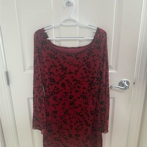 Women's Burgundy Floral Scoop Neck Long Sleeve Dress